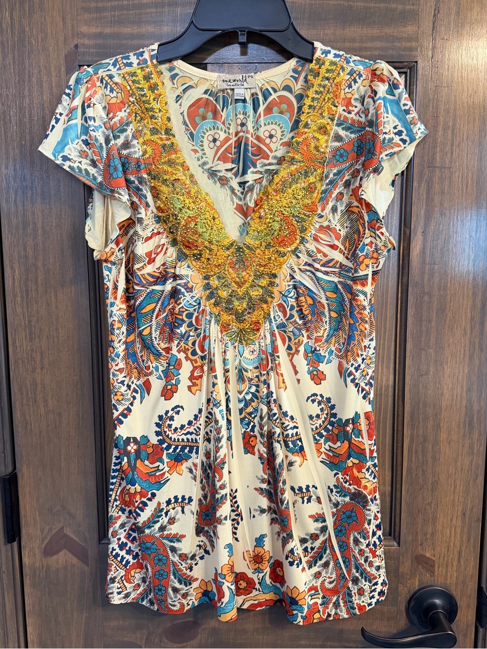 ONE WORLD Multi-Color Embroidered V-Neck Tunic